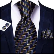 [VSOLS] Men's Blue Black Striped Tie 3.4" Tie Pocket Square Cufflinks Wedding Party Silk Tie Set (Color : SN-3327, Size : 59.06 * 3.35in)