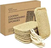 [joeji's Kitchen] Natural Dishwasher Eco Sponge (Pack of 8) - Eco-Friendly, Plastic Free & Biodegradable Loofah Sponge with Hanging String to Dry - Reusable Kitchen Sponge, Coconut Scourer and More