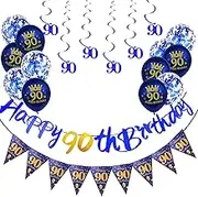 18Pcs Navy Blue 90th Birthday Decorations for Him,Men,90th Birthday Banner Triangle Flag Bunting Navy Blue Foil 90 Hanging Swirls,90th Birthday Balloons for Men Him Birthday Party Decoration Pack
