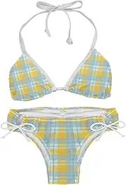[Generic] Sexy Women's String Bikini Set Yellow and Blue Check Print Two Piece Triangle Bathing Suit Swimsuits L