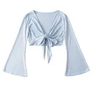 Bell-Sleeve Tie-Front Crop Top Light Blue - One Size
