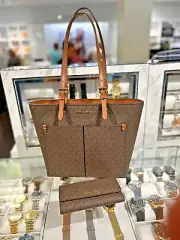 Michael Kors Jet Set Travel Medium Double Pocket Tote Bag+Trifold Wallet (Brown)