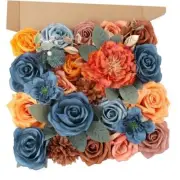 Artificial Flowers Combo Silk Mix Peony Rose Fake Flowers w/Stem Teal Orange