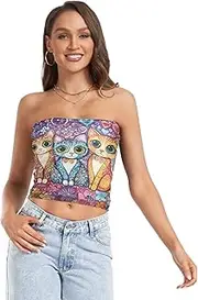 [RPLIFE] Cats Big Eyes Tube Crop Tops for Women, Sexy Tube Tops, Sheer Tube Tops, Summer Clothes (S)