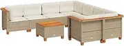 vidaxl 9 Piece Garden Sofa Set - Beige Poly Rattan with Cushions/Acacia Wood top - Modular Lounge/seat/Bench Furniture for Patio, Deck, Backyard