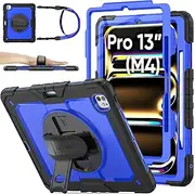 SEYMAC stock Case for iPad Pro 13 Inch M4 Chip 2024 with Screen Protector, Pencil Holder, 360° Rotating Hand Strap & Stand, Portable Shoulder Strap, Shockproof Function, Blue+Black
