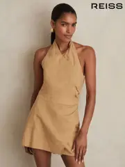 Reiss Camel Pia Lyocell Cotton Halter Skort Playsuit (F74178) | $325