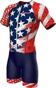 [Sparx Sports] Sparx Men`s Elite Aerosuit Triathlon Suit with Sleeves | Mens Short Sleeve Aero Tri Suit | Full Front Zipper | Comfortable Grip Bands & Chamois | Swim Bike Run