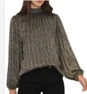 Vince Camuto Women's Smocked Neck Puff-Sleeve Top, Rich Black sparkle & shine M