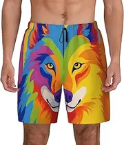 [Sipumia] Mens Wolf Printed Swim Trunks with Compression Liner Quick Dry 2 in 1 Board Shorts with Pockets