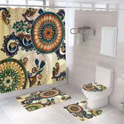 4 Pcs Shower Curtain Set Bath Mat U Shape and Toilet Lid Cover Mat with 12 Hooks 71" x 71"-A2