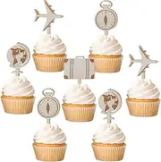 Sursurprise 32PCS Travel Theme Cupcake Toppers Wooden Airplane Suitcase Cake Toppers for Travel Adventure Party Decorations Birthday Baby Shower Supplies