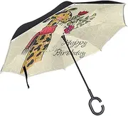 Double Layer Inverted Umbrella Cars Reverse Umbrella Happy Birthday Giraffe Flower Windproof UV Proof Travel Outdoor Umbrella