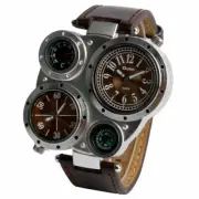 Modern Oulm Two Dial Timezone Brown Leather Band Men's Quartz Wrist Watch Reloj