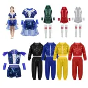Kids Girl Sequins Costume Hip-hop Jazz Dancewear Crop Top + Shorts Pants Outfit-