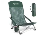 VILLEY Low Outdoor Beach Chair, High Back Folding Chair Vintage Green Leaves