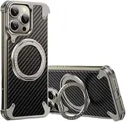 Jarttarn Metal Case Compatible with iPhone 16 Pro Max, Carbon Fiber Magnetic Phone Case with 360° Rotatable Ring Stand, Bezel-Less Cooling Protective Cover for iPhone 16PM (Gray)