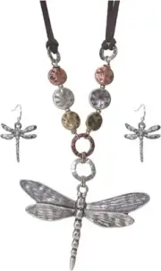 Tri-tone Dragonfly Pendant and Cord Necklace and Earrings Set
