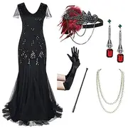 Flapper Dress The Great Gatsby 6 Pcs Retro Vintage Roaring 20s 1920s With Accessories Set Outfits Cocktail Dress Women's Sequins Costume Vintage Cosplay Party