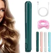 Dualglam Mini Dual-Purpose Curling Iron, Mini Flat Iron for Short Hair, Ceramic Mini Hair Curler, 2-in-1 Portable Cordless Curling Iron Rechargeable (Green)