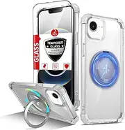 IYTRRYH for iPhone 16E Case Magnetic Compatible with MagSafe Wireless Charging,with 2 Screen Protector,Built-in 360°Kickstand Ring Military Grade Drop Heavy Duty Protection Shockproof Phone Case Clear