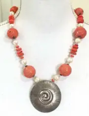 Vintage Necklace Carved Red Coral Pearl Sterling Silver Pendant Chunky