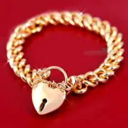 9CT GOLD FILLED PLAIN HEART CHARM PADLOCK CURB RING CHAIN SOLID BANGLE BRACELET