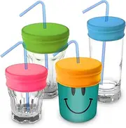 Igadgitz Home ReUSable 100% Food Grade Bpa Free Soft Silicone Spill-Proof Travel Straw Lids For Most Drinking Cups & Glasses , Pack Of 4 (Pink, Yellow, Green, Blue)