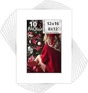 Mat Board Center, Pack of 10, 12x16 for 8x12 White Color Mats - Acid Free, 4-ply Thickness, White Core - for Pictures, Photos, Framing