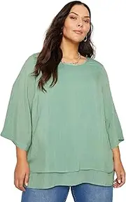 [Autograph] Womens Plus Size - Tops - Summer - Tunic - Green Cotton - 3/4 Sleeve - Scoop Neck - Oversized - Length Long - Office Wear - Work Clothes