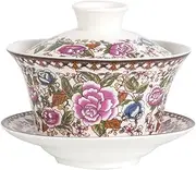 DZGUAI Chinese Gaiwan Tea Cup, Asian Traditional Porcelain Kungfu Handleless Tea Cup with Lid and Saucer 10Oz, China Classic Gaiwan (red Peony)