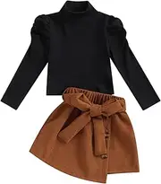 [Lucikamy] Toddler Baby Girl Outfits Fall Winter Clothes Turtleneck Long Sleeve Knit T-Shirt Tops + Plaid Mini Skirts Set