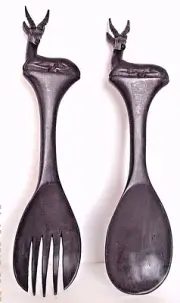 CARVED EBONY BLACK HARDWOOD AFRICAN GAZELLE SALAD SERVING FORK & SPOON SET