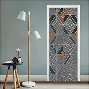 Door Stickers 3D Geometric Grid Grey Door Sticker for Living Room Bathroom PVC Waterproof Wall Mural DIY Poster Home Decor(77x200cm)
