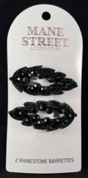 Mane Street Accessories - 2 Rhinestone Barrettes - Leaf - Barrette Set - Black