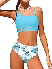 [Queenstyle] Girls Swimsuits Bikini Set Kids Cutout Bathing Suit Bikini Top Two Piece Girls' Swimwear