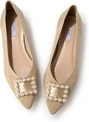 [EVOL] (イーボル) Evor Women's Soft Knit V-Cut Pearl Buckle Pumps, Gold, 23.5 cm