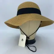 Straw Hat Womens Summer Beach Sun Garden Travel Foldable Floppy Brim Tan Ribbon