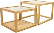 Nest of 2 Tables with Frosted Glass Top – Solid Wooden Nesting Tables – Multifunctional Coffee Table & Lamp Stand – Side Tables for Living Room Bedroom Office Hallway,A
