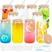 Drinking Glasses with Bamboo Lids and Glass Straw, 16 Oz Can Shaped Glass Cups Beer Glasses, Iced Coffee Cups, Tumbler Clear Glass Ideal for Cocktail, Whiskey, Cola, Juice,Soda- Gift Set(10 Pack)
