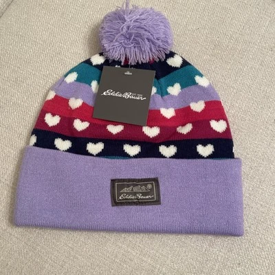 New Eddie Bauer Sonoma Pom Beanie Lavender Crocus Hearts Cap Hat Snow Ski NWT