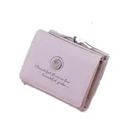 Women PU Leather Floral Clutch Short Solid Buckle Ladies Wallet Mini Portable Credit Card Purse PINK COLOR