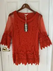 "Ultra Pink" Mesh Crochet Embroidered Top w/Liner Sz S NWT Solid Orange 3/4 Slv