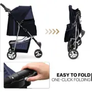 Foldable Pet Stroller fr Cats &Dogs 3 Wheels Carrier Cart w/Cup Holder Navy Blue