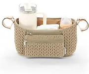 LUKJOJO Stroller Organizer - Stylish 3D Herringbone Quilting Nylon, Universal Fit, Detachable Bag, Adjustable Multi-Storage for Baby Essentials(Tan)