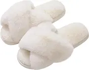 [Top G] Women Cross Band Slippers Fuzzy Fluffy House Slippers Cozy Plush Memory Foam Shoes Winter Indoor Outdoor Open Toe Sandals