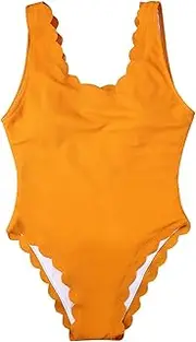 [TSWRK] Women's One Piece Wavy Edge Trim Backless Bikini Padded Tummy Control Swimwear Swimsuit Bathing Suit Monokini Yellow