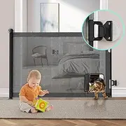 No-Drill Retractable Baby Gates for Stairs, Pet Gate with Cat Door for Doorways, 33" x 55" One-Handed Mesh Baby Dog Pet Cat Gate with Door, Child Safety Gate for Hallways Kitchen Indoor Outdoor Black