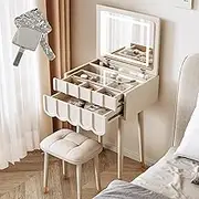 Vanity Desk with Flip Top Mirror,Compact Dressing Table with 2 Drawers & Stool & LED Mirror,White/Black,Frenchh(White,40cm)