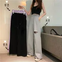 在飛比找momo購物網優惠-【D.studio】韓版寬鬆小個子灰色刷破休閒寬褲(褲子 長